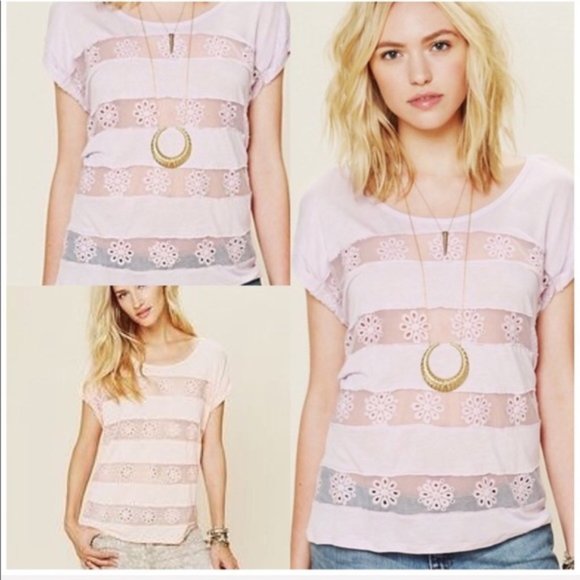 Free People Tops - Free People Lavender Striped Embroidered Tee Sz XS